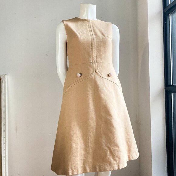 Vintage 60s Mod Camel Wool Sleeveless Dress M - Picture 3 of 7